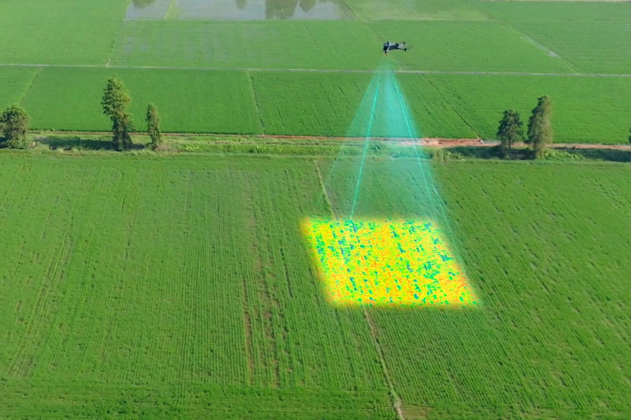 Trabajo agrícola con dron en terreno
